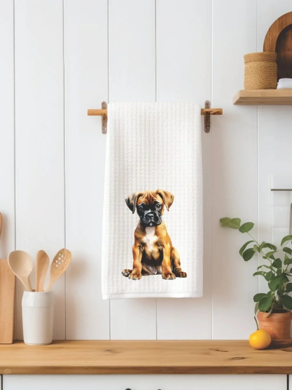 Fawn Boxer Puppy Waffle Weave Decorative Kitchen Tea Towel